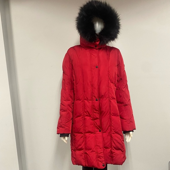 Calvin Klein Long Red Puffer Coat Faux Fur Hood XXL 2X